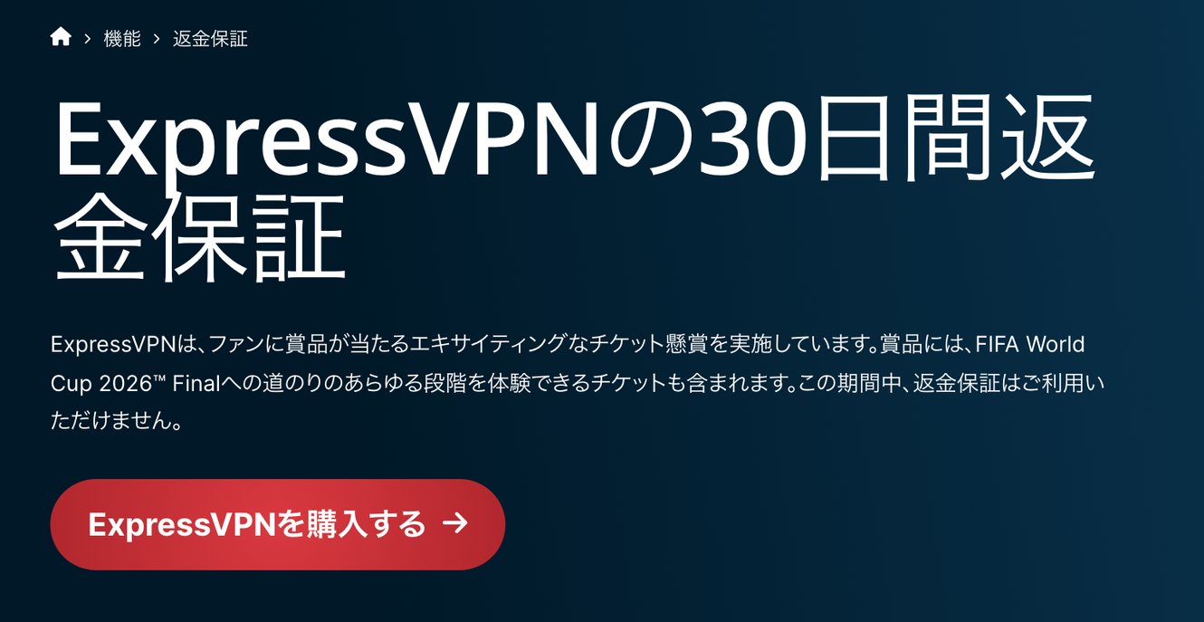 ExpressVPN公式の30日間返金保証ページ。チケット懸賞の案内に続けて「この期間中、返金保証はご利用いただけません」と表示されている