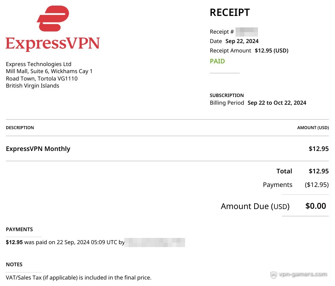 ExpressVPN月額プランの領収書。12.95ドル