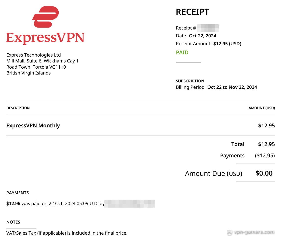 ExpressVPNの2024年10月22日付の領収書。月額プラン12.95ドル、請求期間は10月22日から11月22日