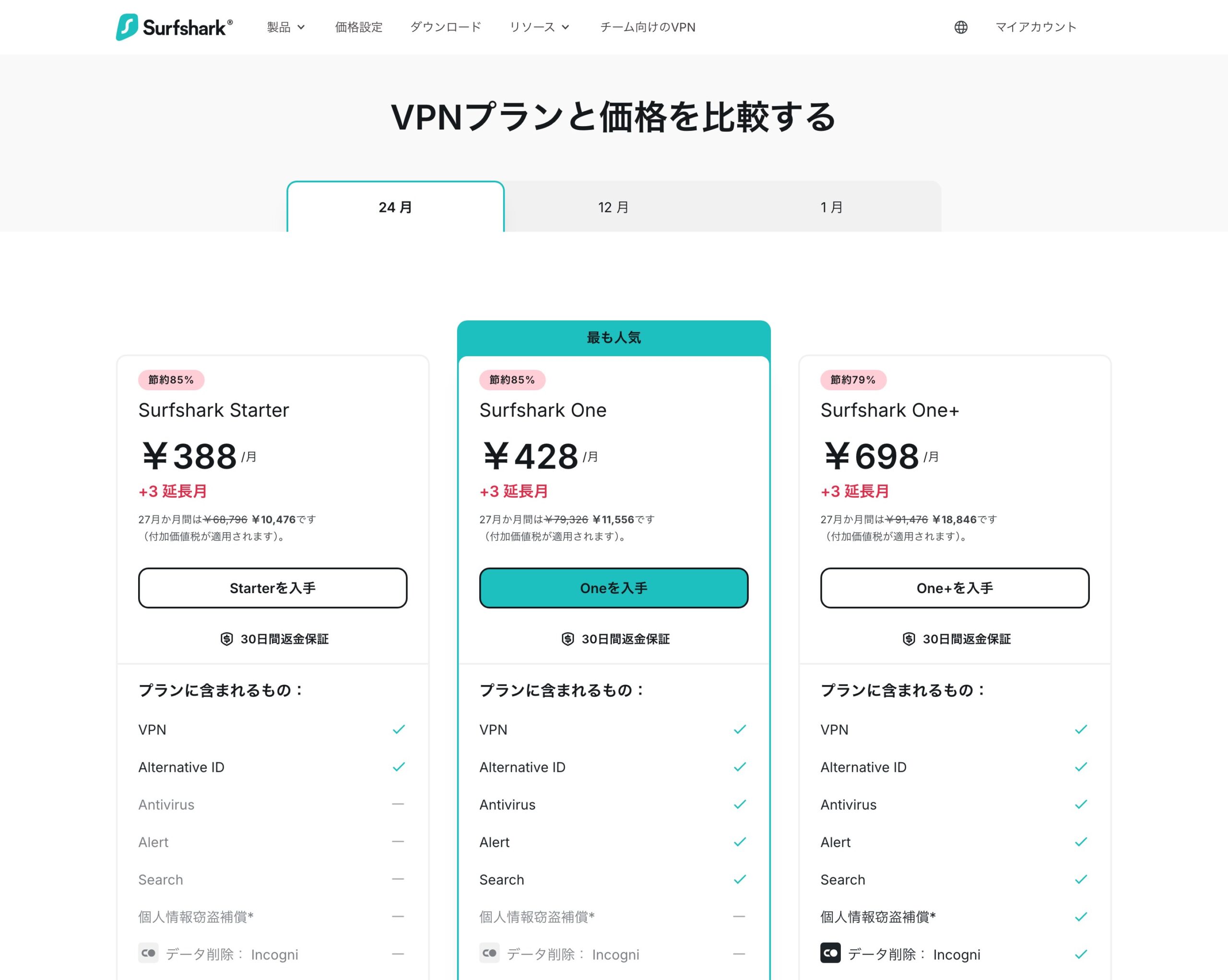 Surfshark公式サイトの料金ページ。Starterは月388円・27か月で10,476円