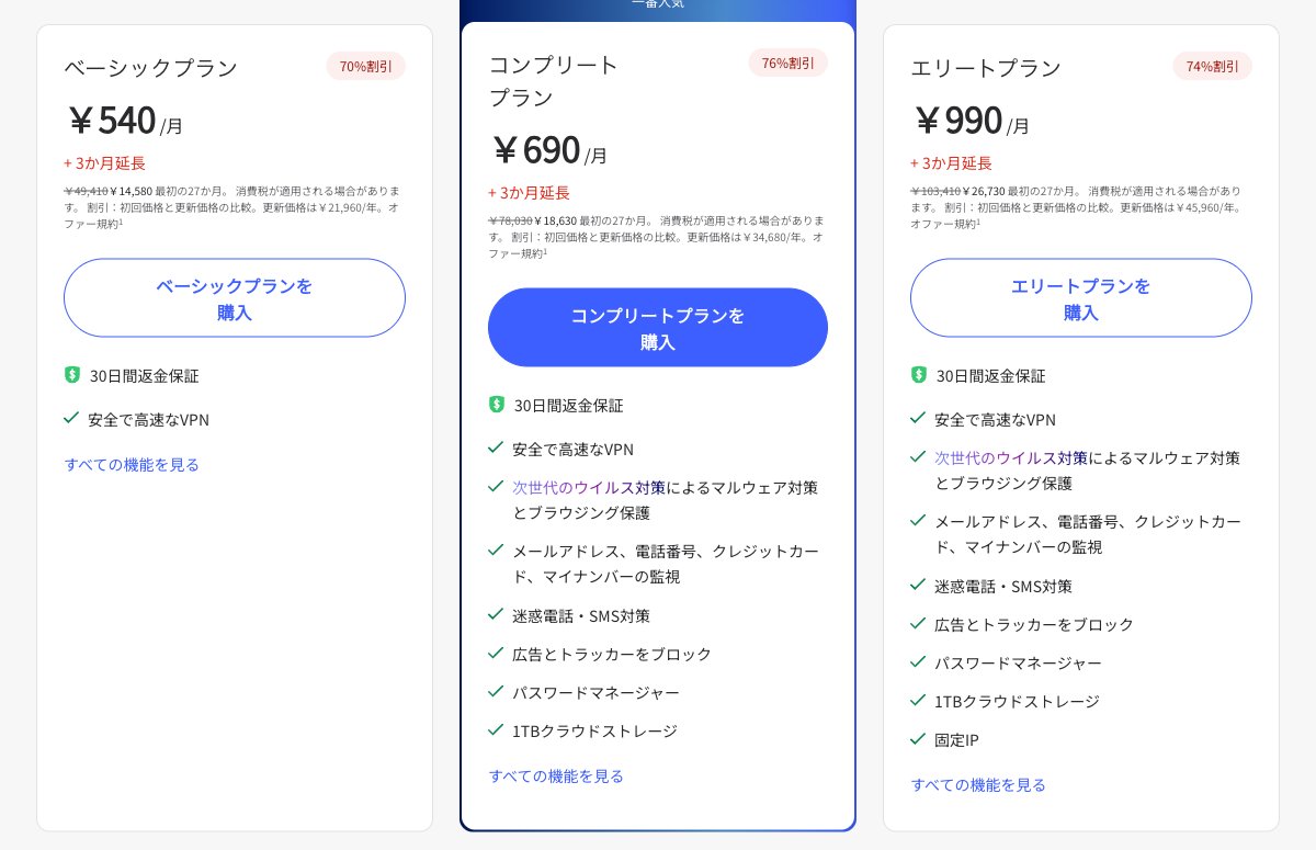 NordVPN公式料金ページの2年プラン3グレードの価格表示。ベーシック月540円・コンプリート月690円・エリート月990円